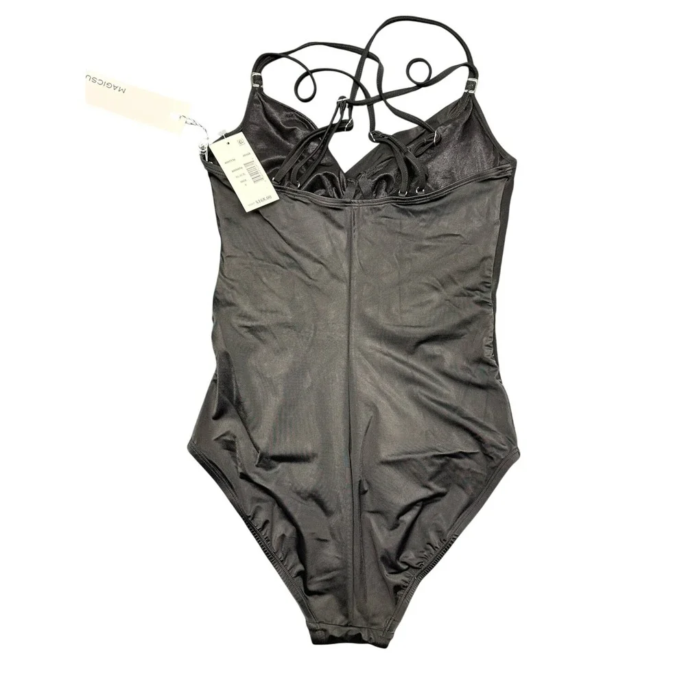 Magicsuit by Miraclesuit Womens Black Wrap Front One Piece Swimsuit Size 8